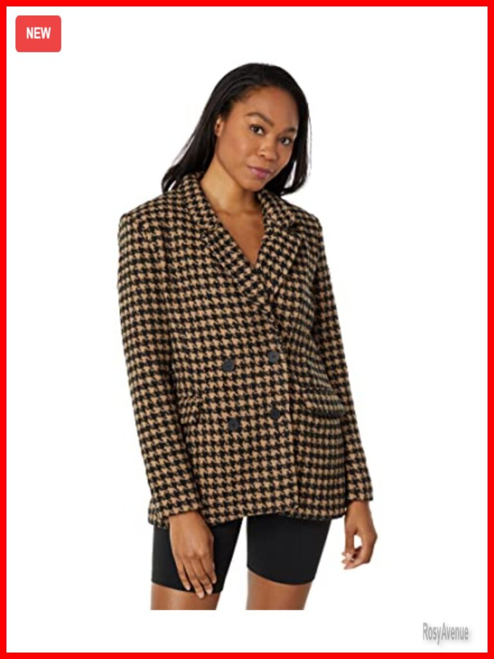 Faux Leather Blazer Houndstooth Double-Breasted Long Sleeve Women